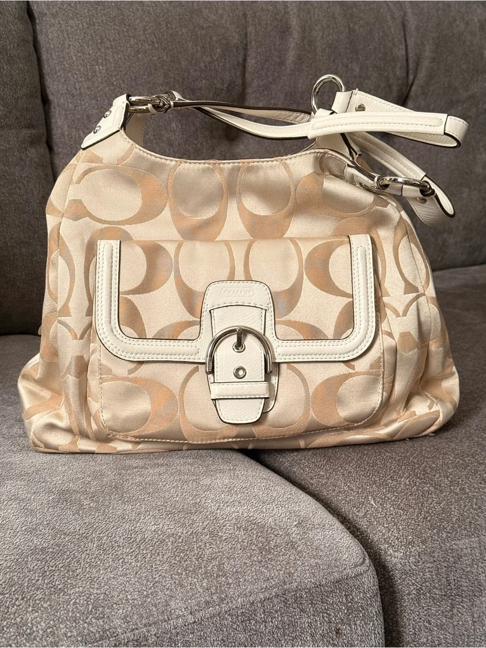 Coach Signature Beige Canvas Shoulder Bag with Cream Leather Trim